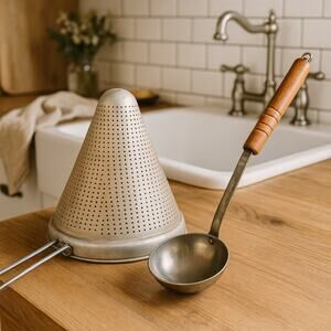 Vintage Conical Strainer & Wooden-Handled Ladle – Sieve & Dipper Mid-Century